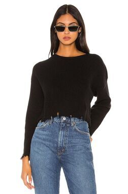LOVERS FRIENDS Sweater Womens Medium Black Pullover Crop ARIELLE Distressed